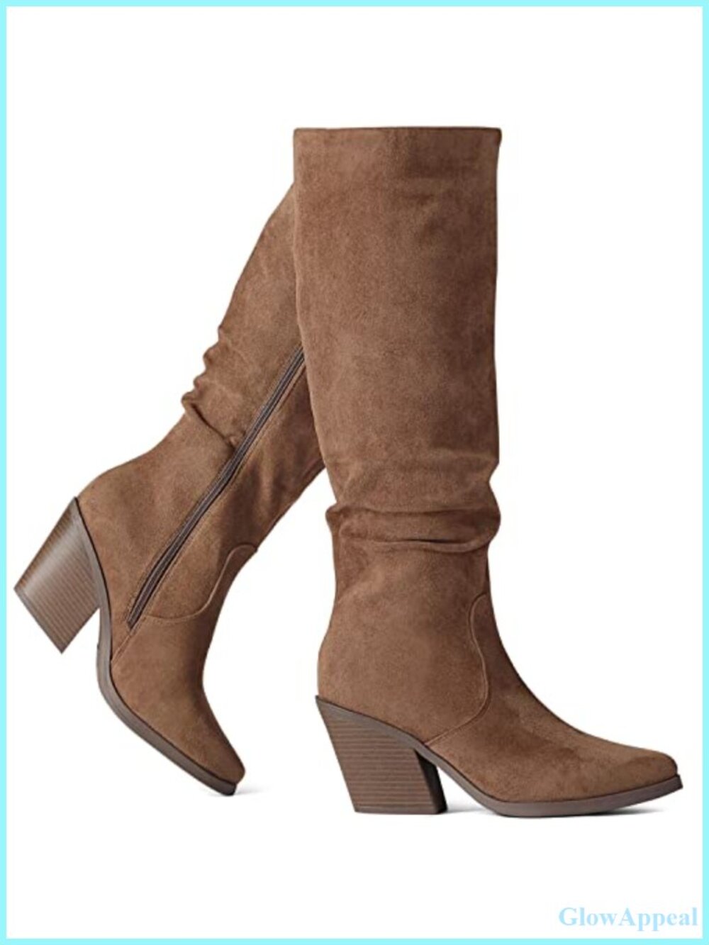 Faux Suede Slouch Knee High Boots Chunky Cuban Heel Pointed Toe Side Zip